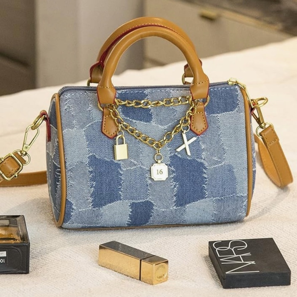 Denim patchwork mini barrel bag with charms and vegan leather handles